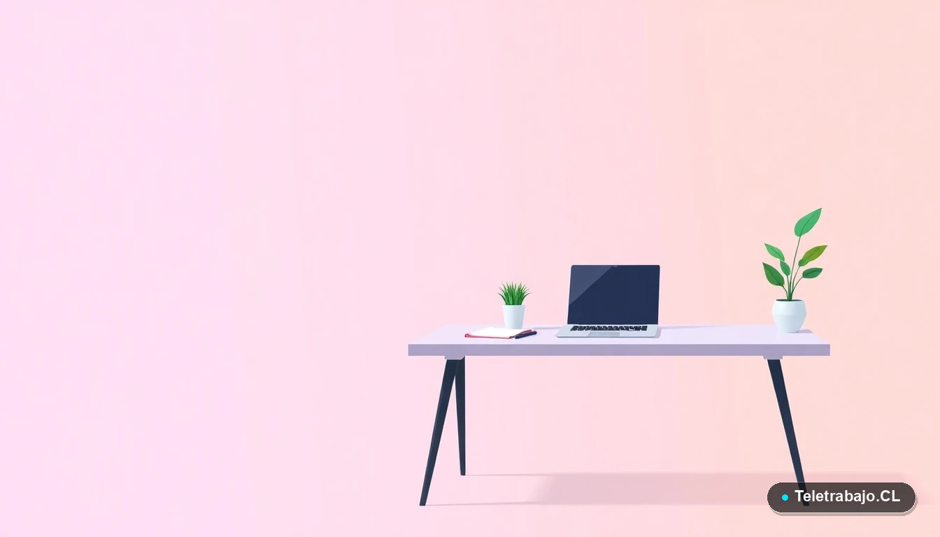 Escritorio moderno minimalista con laptop y planta, ilustración plana sobre fondo degradado lila, concepto de teletrabajo y subsidios.