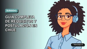 Ilustración plana corporativa de una mujer joven profesional con blusa azul y lentes, sobre fondo degradado azul verdoso, representando el Subsidio al Empleo Joven 2026 en Chile.