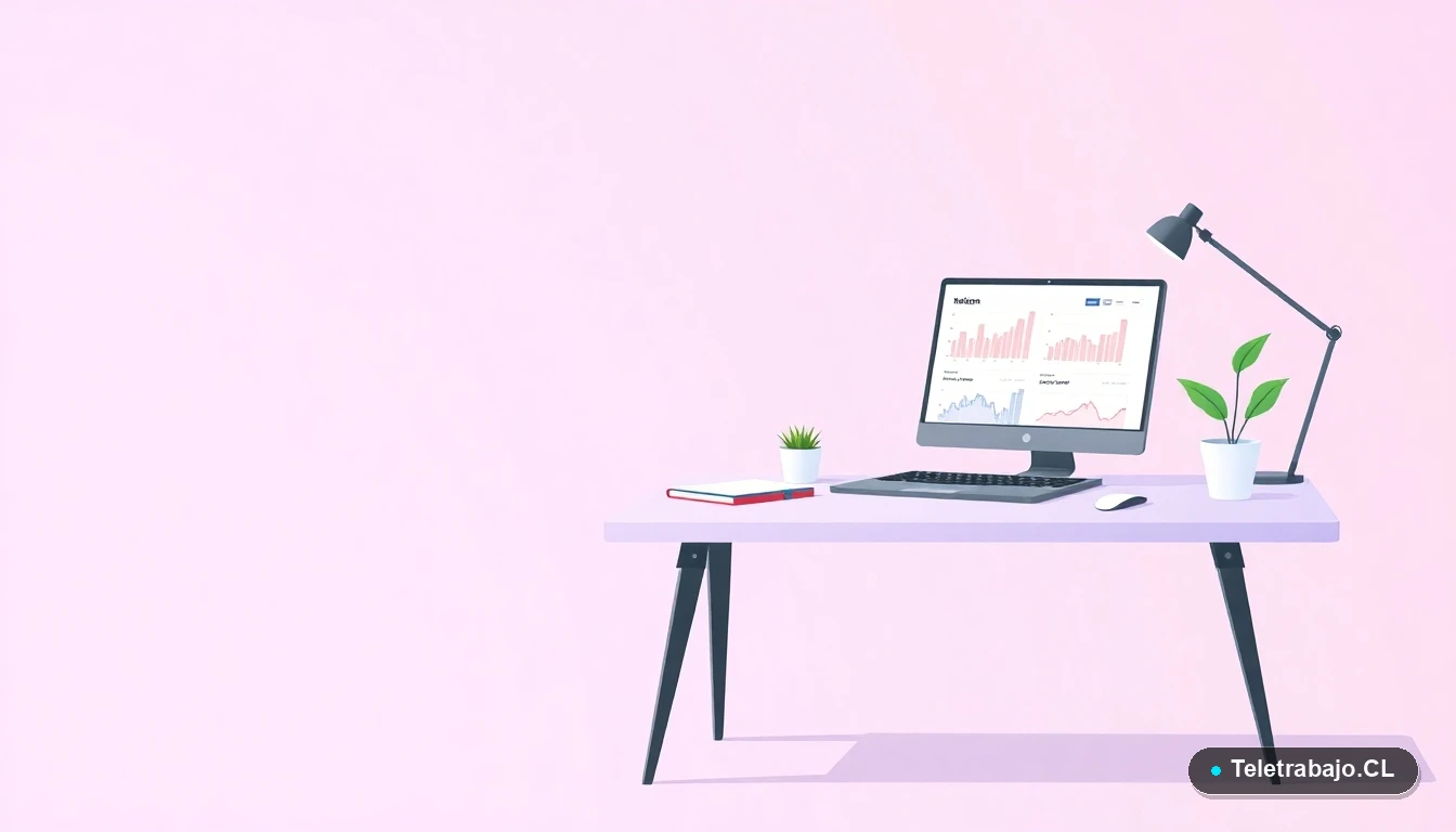 Escritorio moderno minimalista con laptop, planta y cuaderno en estilo ilustración vectorial plana, sobre fondo degradado lila, concepto de espacio de trabajo para jóvenes profesionales.