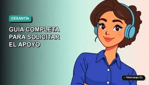 Ilustración plana corporativa de una mujer profesional chilena con blusa azul, sobre fondo degradado verde agua, representando el subsidio de cesantía 2026.