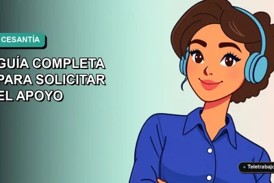 Ilustración plana corporativa de una mujer profesional chilena con blusa azul, sobre fondo degradado verde agua, representando el subsidio de cesantía 2026.