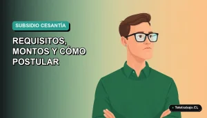 Ilustración plana vectorial de un trabajador chileno consultando información sobre el subsidio de cesantía en su laptop, fondo degradado azul verdoso.