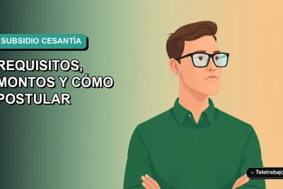 Ilustración plana vectorial de un trabajador chileno consultando información sobre el subsidio de cesantía en su laptop, fondo degradado azul verdoso.