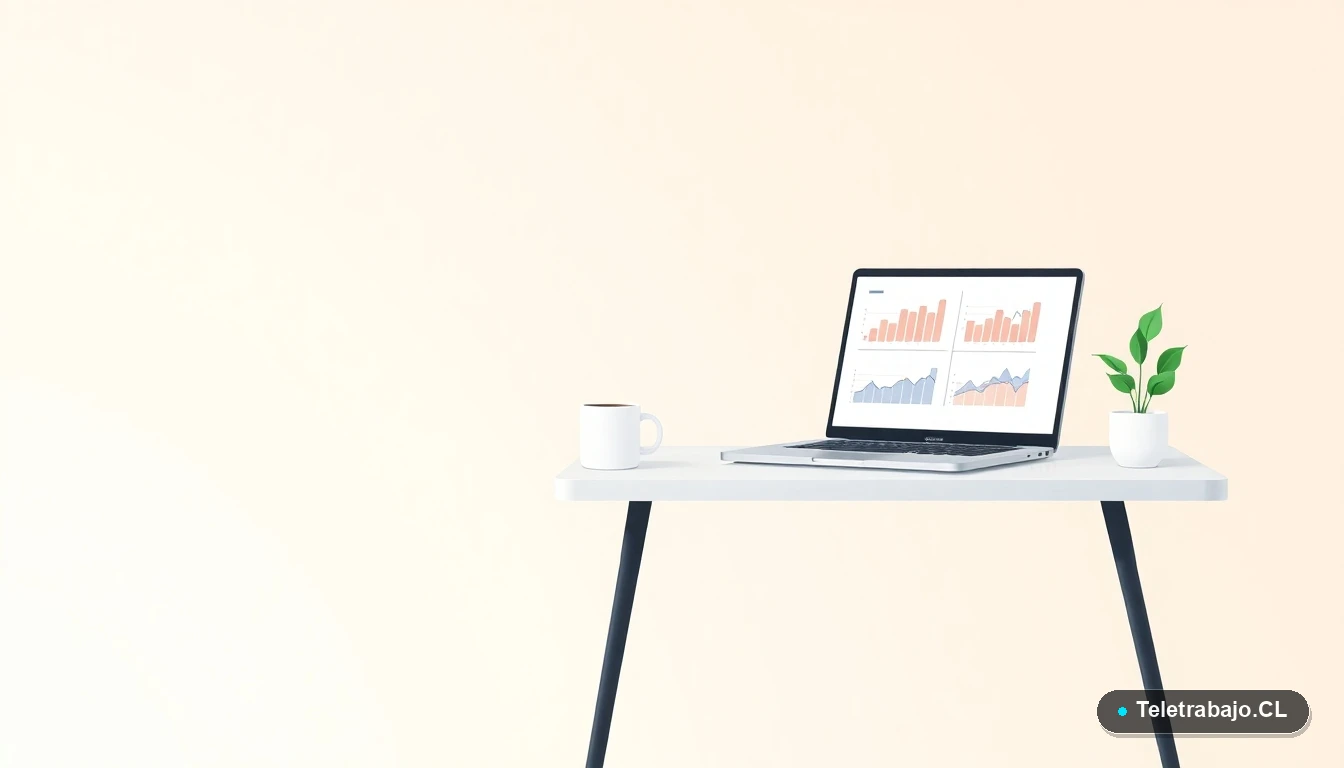 Escritorio moderno minimalista con laptop, taza de café y planta, representando la búsqueda de información laboral digital en Chile, fondo degradado menta.