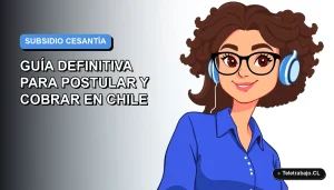 Ilustración vectorial plana de una mujer profesional chilena con blusa azul y lentes, sobre fondo degradado azul y blanco, representando la postulación al subsidio de cesantía.