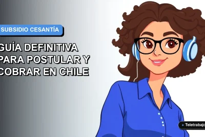 Ilustración vectorial plana de una mujer profesional chilena con blusa azul y lentes, sobre fondo degradado azul y blanco, representando la postulación al subsidio de cesantía.