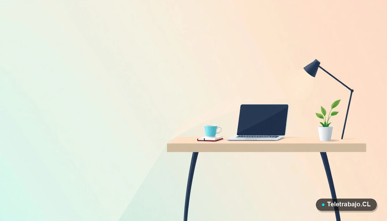 Escritorio moderno minimalista con laptop, cuaderno, taza de café y planta, sobre fondo degradado menta y verde azulado, concepto de espacio de trabajo para trámites digitales.