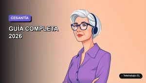 Ilustración plana vectorial de una mujer profesional chilena mayor de 52 años, con expresión aliviada, sobre fondo degradado lavanda suave. Guía completa del subsidio de cesantía 2026.