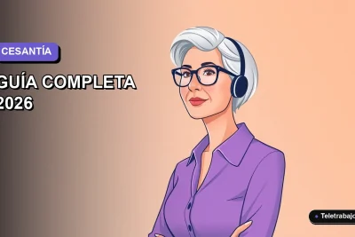 Ilustración plana vectorial de una mujer profesional chilena mayor de 52 años, con expresión aliviada, sobre fondo degradado lavanda suave. Guía completa del subsidio de cesantía 2026.