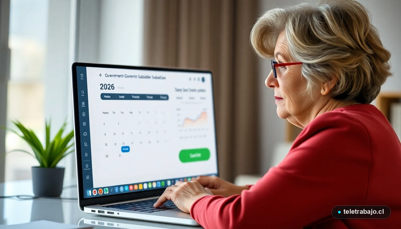 Mujer chilena mayor de 52 años consultando requisitos de subsidio laboral en su computador portátil