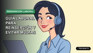 Ilustración plana corporativa de una trabajadora remota sonriente con blusa azul, sobre un fondo degradado verde suave, representando la reinserción laboral para mayores de 52 años en Chile.