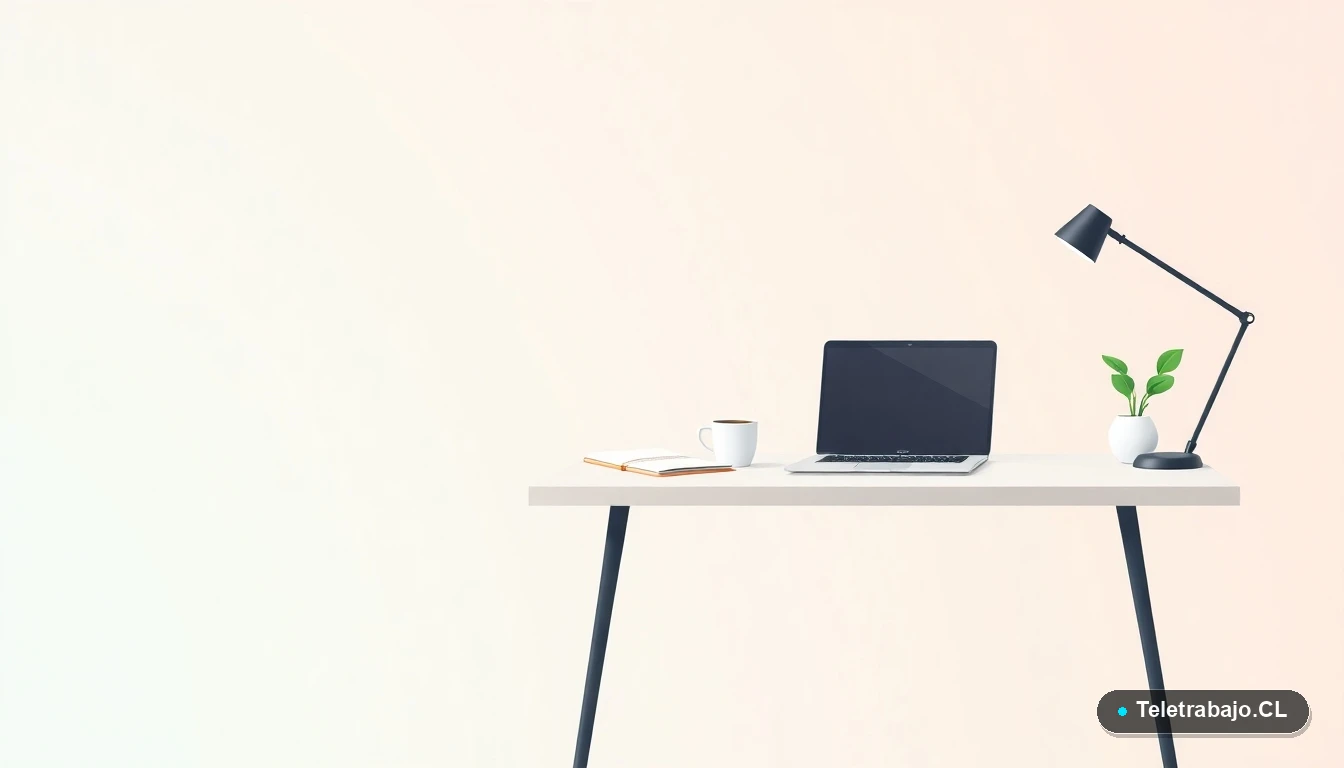 Escritorio moderno minimalista con laptop, cuaderno, taza de café y una planta, sobre fondo degradado color menta, concepto de espacio de trabajo para la reinserción laboral.