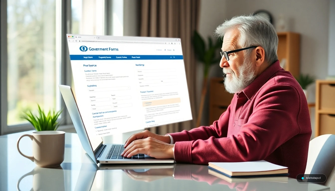 Persona mayor de 52 años solicitando el subsidio de desempleo online desde su oficina en casa