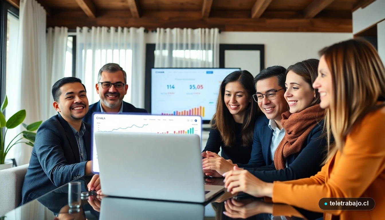 Mujeres y hombres chilenos revisando portales de subsidios estatales en un entorno de teletrabajo