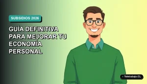 Ilustración plana vectorial de un trabajador remoto hombre con suéter verde, sonriendo, sobre fondo degradado azul verdoso. Espacio negativo a la izquierda.