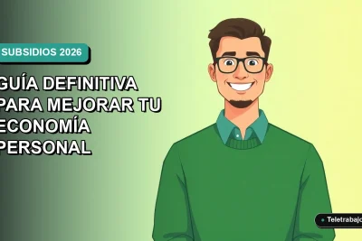 Ilustración plana vectorial de un trabajador remoto hombre con suéter verde, sonriendo, sobre fondo degradado azul verdoso. Espacio negativo a la izquierda.