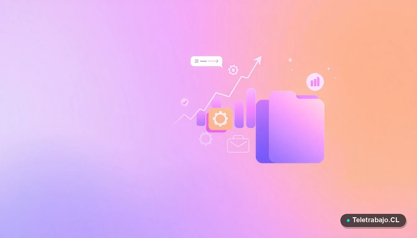 Composición abstracta de interfaz de usuario con gráficos flotantes, iconos de engranajes y carpetas en tonos lavanda y durazno, sobre fondo degradado.