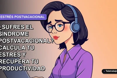 Ilustración plana de mujer profesional con síndrome postvacacional mirando a la izquierda, fondo degradado lavanda suave.