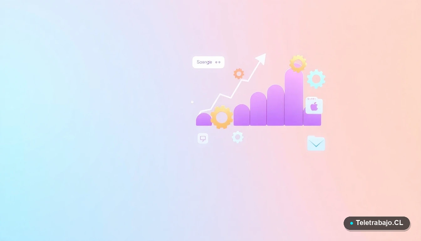 Elementos de interfaz de usuario abstractos y modernos, gráficos y engranajes flotantes en colores vibrantes, representando estrategias y procesos laborales efectivos.