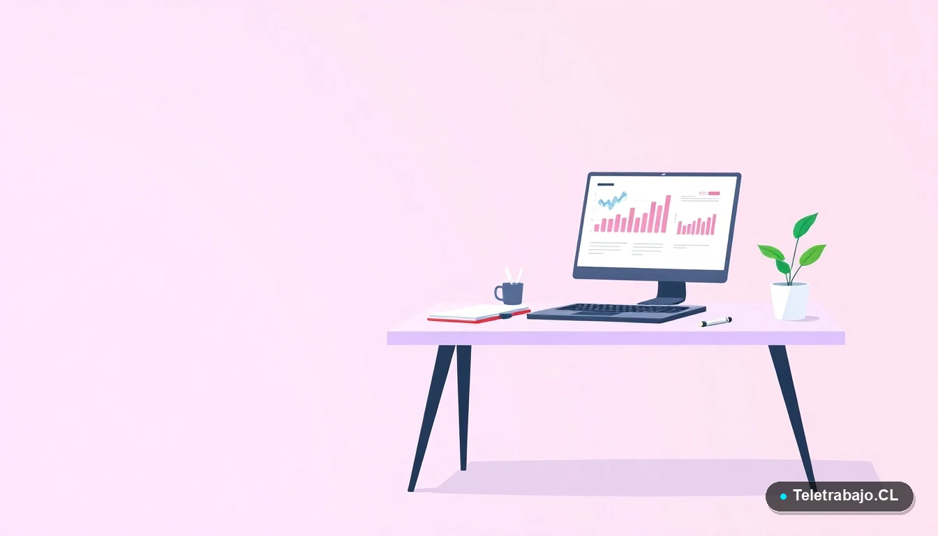 Escritorio moderno minimalista con laptop, planta y cuaderno, en estilo ilustración vectorial plana, sobre fondo degradado lila. Concepto de espacio de trabajo ordenado.