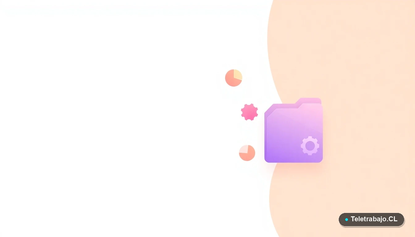 Elementos de interfaz de usuario abstractos y coloridos, como gráficos circulares y engranajes estilizados, representando datos y productividad.