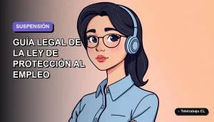 Ilustración plana corporativa de una mujer profesional chilena con blusa azul, sobre fondo gradiente lavanda, representando la suspensión laboral según la Ley de Protección al Empleo 2026.
