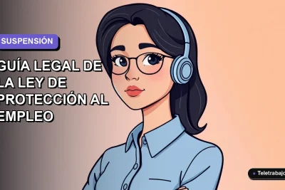 Ilustración plana corporativa de una mujer profesional chilena con blusa azul, sobre fondo gradiente lavanda, representando la suspensión laboral según la Ley de Protección al Empleo 2026.