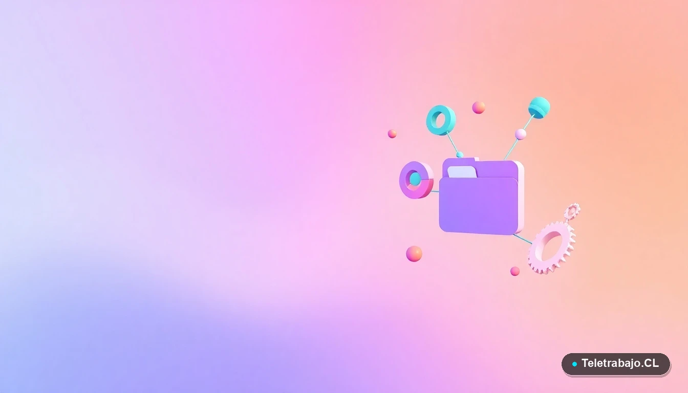 Composición abstracta de interfaz tecnológica con gráficos flotantes y engranajes, en estilo vectorial plano, sobre fondo gradiente azul, concepto de gestión legal y suspensión de contratos en Chile.