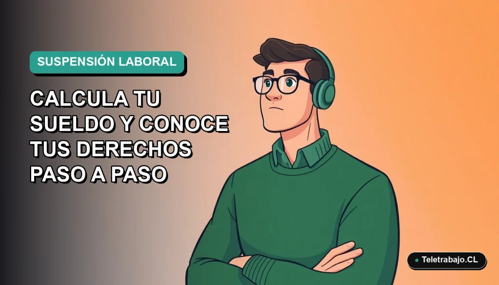 Ilustración vectorial plana de un trabajador masculino en suspensión laboral, con fondo degradado azul verdoso. Concepto de cálculo de sueldo y derechos laborales en Chile.