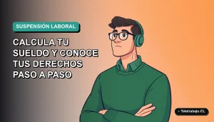 Ilustración vectorial plana de un trabajador masculino en suspensión laboral, con fondo degradado azul verdoso. Concepto de cálculo de sueldo y derechos laborales en Chile.