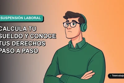Ilustración vectorial plana de un trabajador masculino en suspensión laboral, con fondo degradado azul verdoso. Concepto de cálculo de sueldo y derechos laborales en Chile.