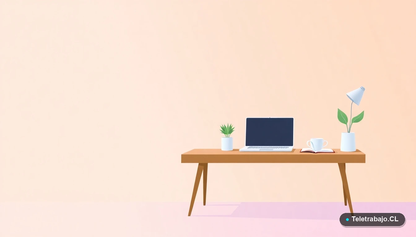Escritorio moderno minimalista con laptop, cuaderno, planta y taza de café. Fondo degradado lavanda y durazno. Representa el espacio de trabajo en el contexto de una suspensión laboral.