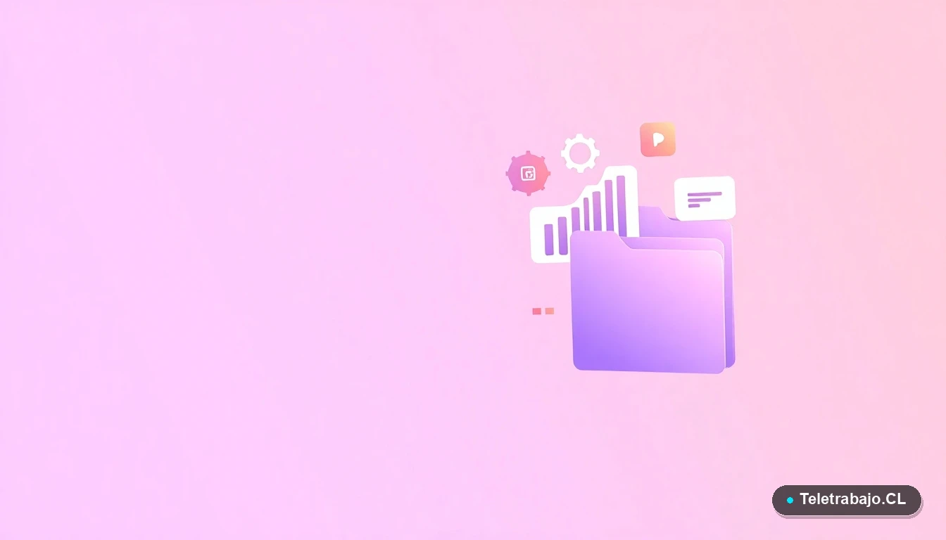 Composición abstracta de interfaz de usuario tecnológica con gráficos flotantes y engranajes en tonos lavanda y durazno, sobre fondo degradado, concepto de innovación y estrategia digital.