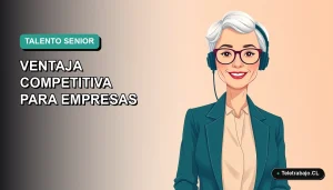Ilustración plana corporativa de una mujer profesional senior trabajando de forma remota, con fondo degradado azul verdoso.