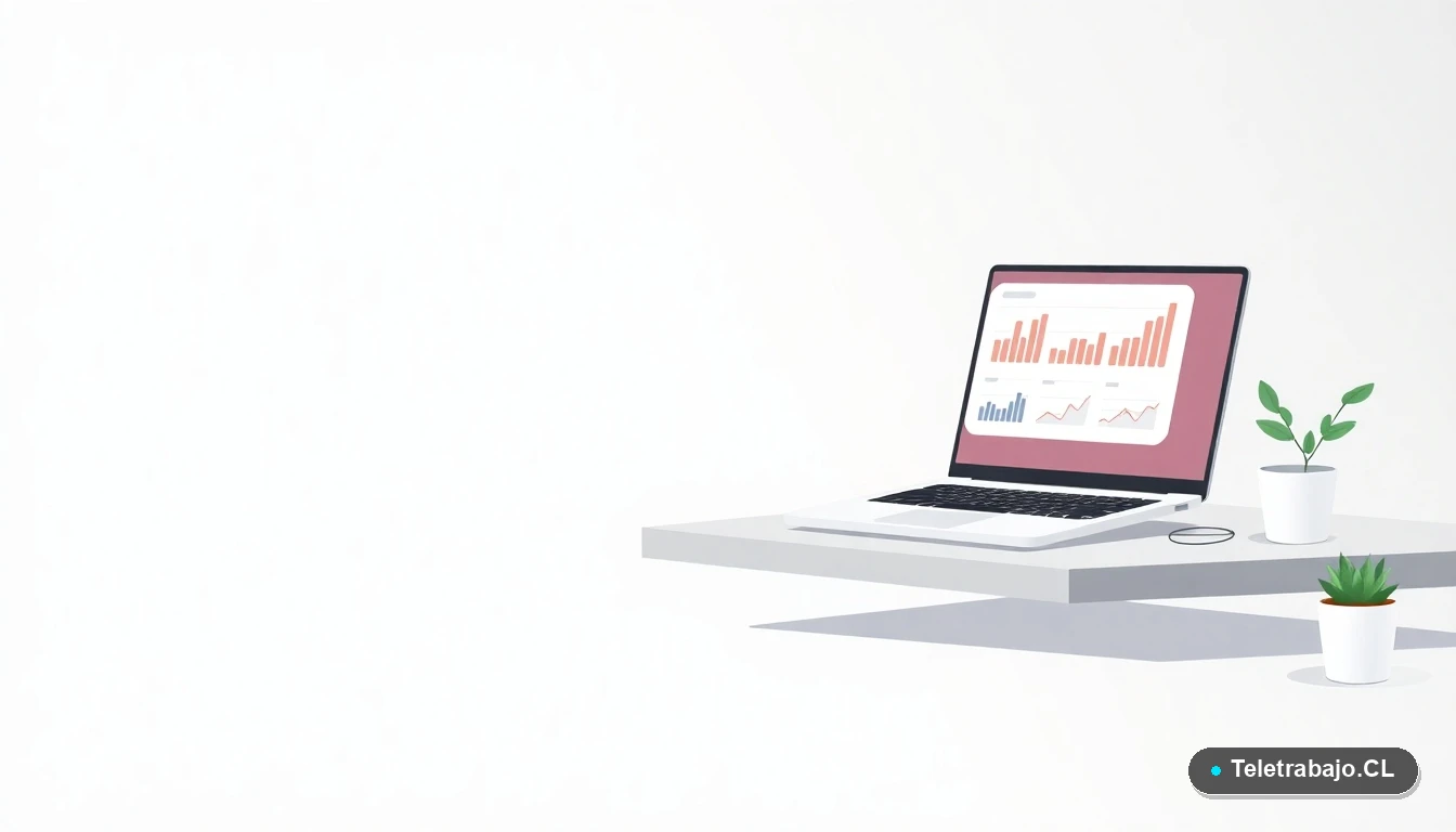 Escritorio moderno minimalista para trabajo remoto con laptop, taza de café y planta, ilustrado en estilo vectorial plano, sobre fondo degradado frío.