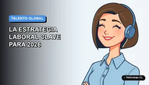 Ilustración plana corporativa de una mujer profesional de teletrabajo con blusa azul, sobre fondo degradado suave azul y blanco.