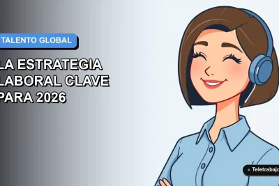 Ilustración plana corporativa de una mujer profesional de teletrabajo con blusa azul, sobre fondo degradado suave azul y blanco.
