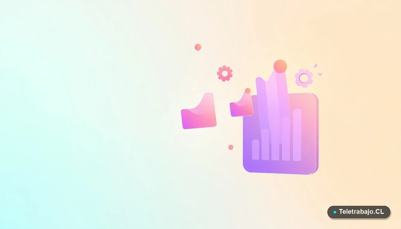 Elementos de interfaz de usuario abstractos y coloridos, como gráficos y engranajes flotantes, sobre fondo degradado verde menta.