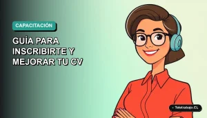 Ilustración vectorial plana de una mujer profesional chilena sonriendo, con peinado moderno y blusa color salmón, sobre fondo degradado azul verdoso. Representa talleres de empleo y mejora de currículum.