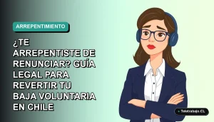 Ilustración plana corporativa de una mujer profesional con expresión pensativa, sobre fondo degradado verde azulado, representando la duda tras una renuncia laboral en Chile.
