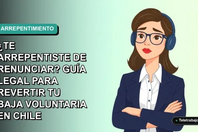 Ilustración plana corporativa de una mujer profesional con expresión pensativa, sobre fondo degradado verde azulado, representando la duda tras una renuncia laboral en Chile.