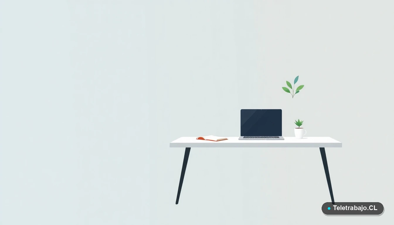 Escritorio moderno minimalista vacío con laptop, café y planta, sobre fondo degradado frío, ilustración plana corporativa.
