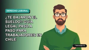 Ilustración plana corporativa de un trabajador hombre con suéter verde mirando preocupado hacia la izquierda, sobre fondo degradado azul verdoso. Espacio negativo a la izquierda.