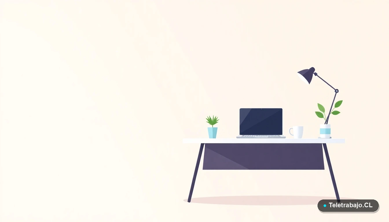 Escritorio moderno minimalista de teletrabajo con laptop, taza de café y una planta, ilustración vectorial plana sobre fondo degradado color menta.