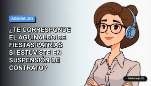 Ilustración plana corporativa de una trabajadora remota con expresión pensativa, sobre fondo degradado azul y blanco, para artículo sobre derecho al aguinaldo en Fiestas Patrias durante suspensión de contrato.