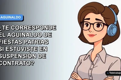 Ilustración plana corporativa de una trabajadora remota con expresión pensativa, sobre fondo degradado azul y blanco, para artículo sobre derecho al aguinaldo en Fiestas Patrias durante suspensión de contrato.