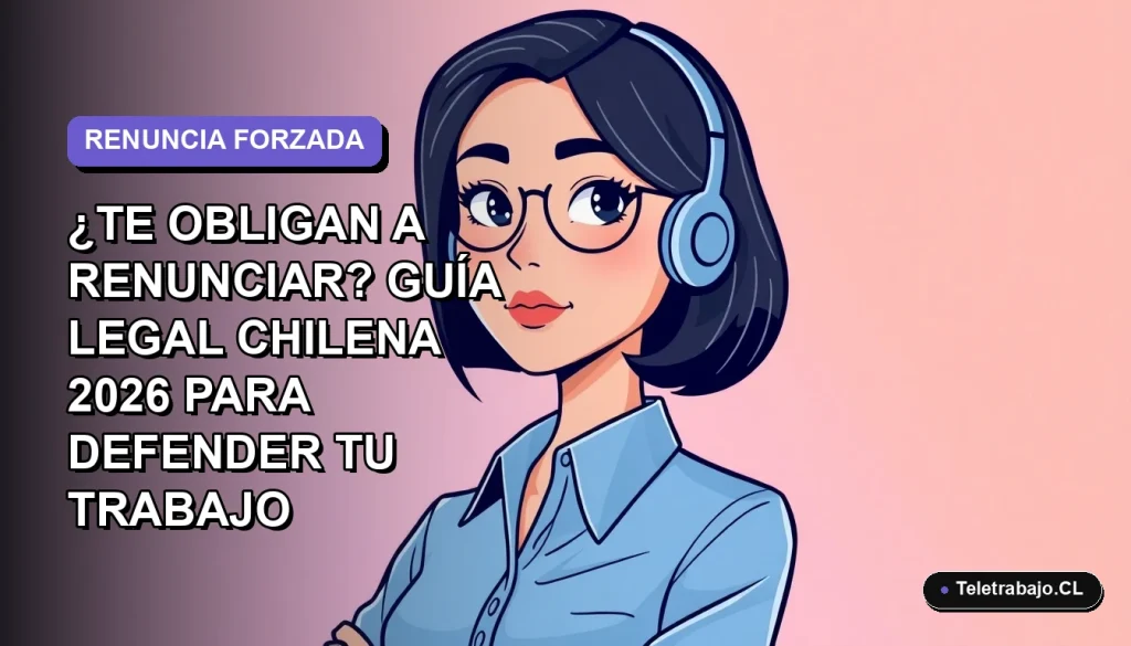 Ilustración vectorial plana de una mujer profesional chilena con blusa azul y pelo corto, mirando con determinación, sobre fondo degradado lavanda. Concepto de renuncia forzada y derechos del trabajador.