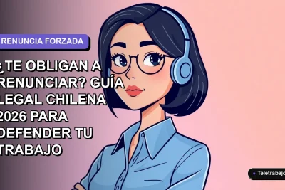 Ilustración vectorial plana de una mujer profesional chilena con blusa azul y pelo corto, mirando con determinación, sobre fondo degradado lavanda. Concepto de renuncia forzada y derechos del trabajador.
