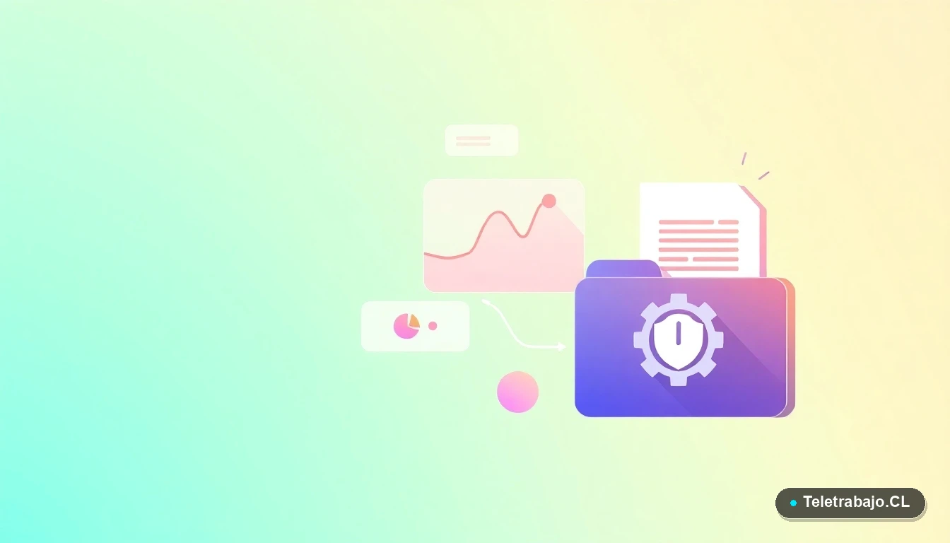 Composición abstracta de interfaz de usuario con gráficos flotantes, un engranaje y una carpeta con escudo, sobre fondo degradado verde menta. Representación conceptual de protección legal y procesos laborales en Chile.