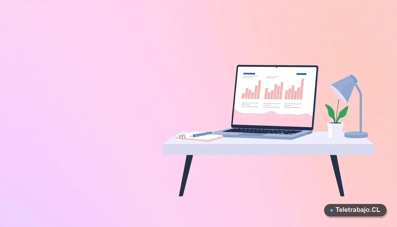 Ilustración de un escritorio moderno y minimalista con laptop, cuaderno y una planta, sobre un fondo degradado lavanda y durazno. Concepto de cálculo y trabajo administrativo.